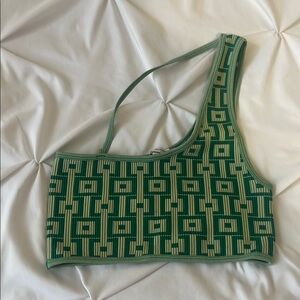 Zara Geometric Green and Yellow One-Shoulder Top